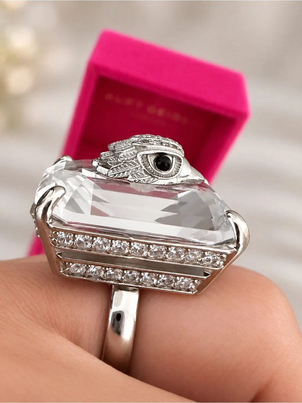 Kurt Geiger Clear Crystal Shield Eagle Head Ring with Silver Accents